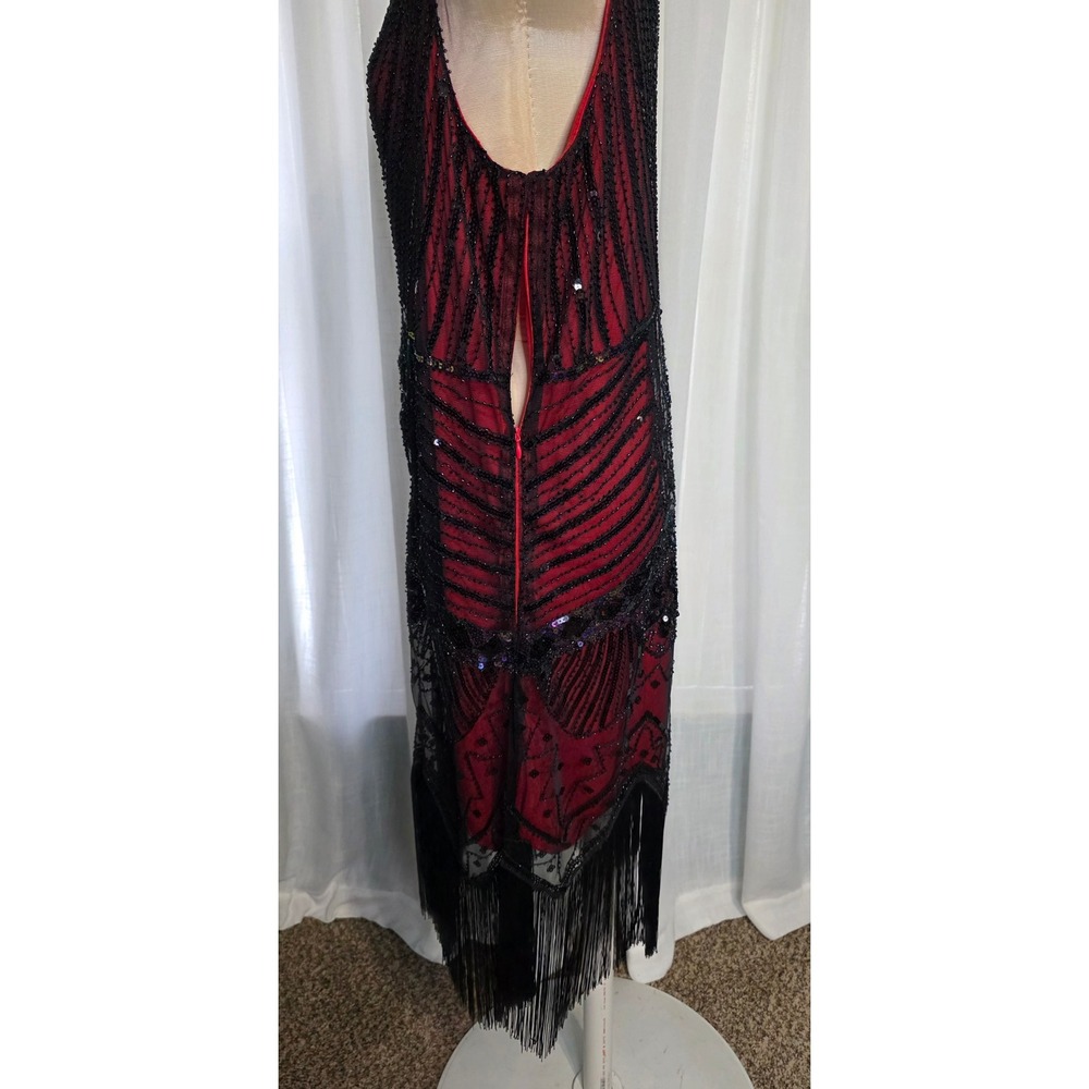Womens 1920s Flapper Costume Set Red Black Sequin Fringe Dress Wig 3XL - Picture 6 of 8